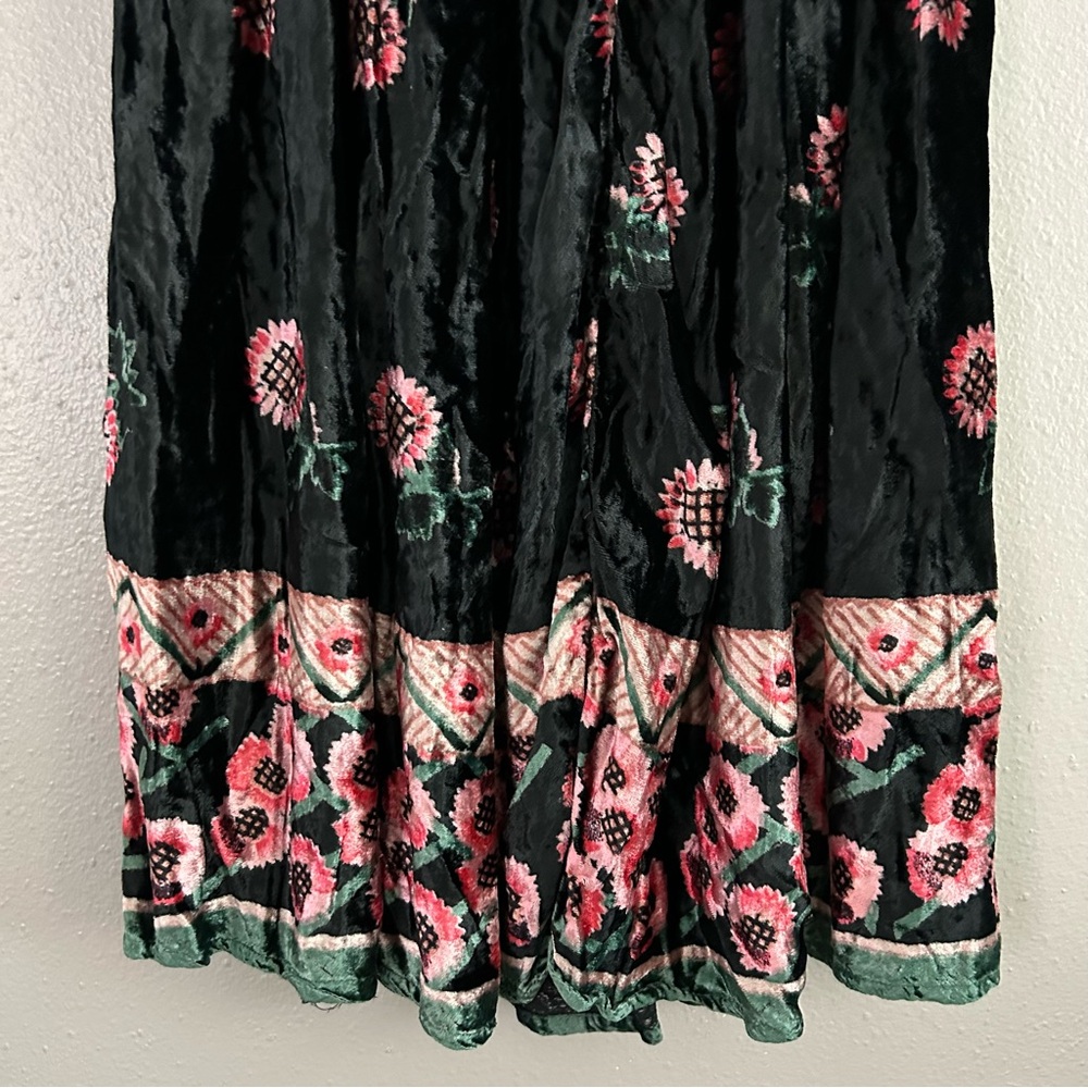 Vintage Floral Velvet Maxi Skirt Free Size Pull On Elastic Waist Boho Black Pink - Picture 8 of 11